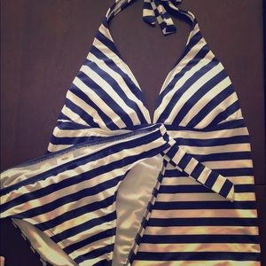Blue and white stripped two piece swim suit.
